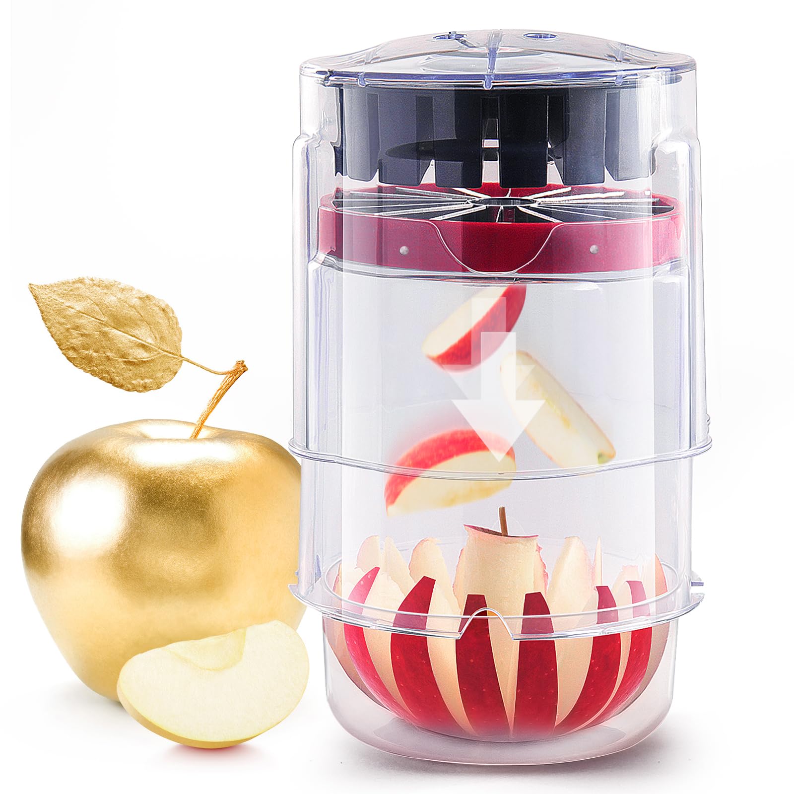 OOKUU extra-large apple slicer delivers quick, clean slices into the catch bowl.