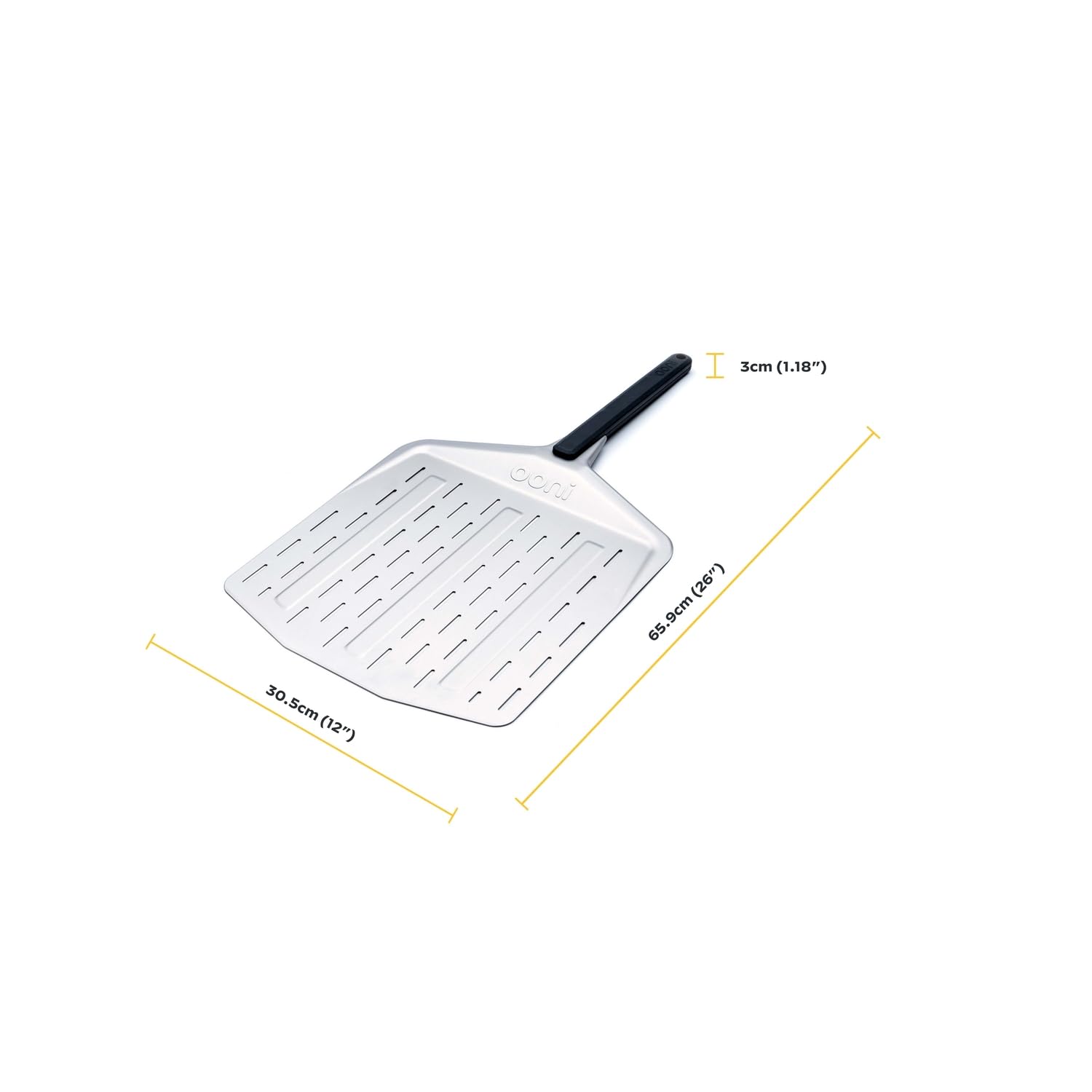 Ooni aluminium pizza peel highlighting lightweight design for easy handling.
