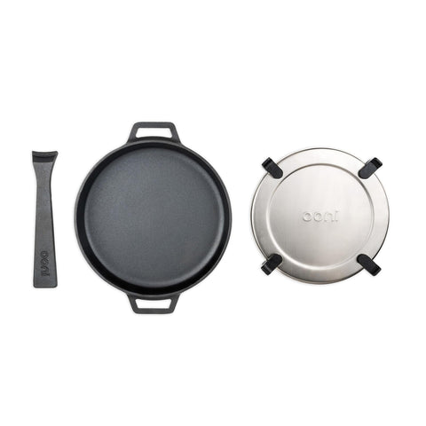 Ooni Cast Iron Skillet 9in with removable handle for easy oven transfers.