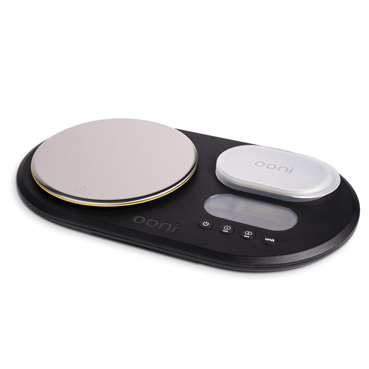 Ooni dual platform digital scales with brushed steel platforms for precise weighing.