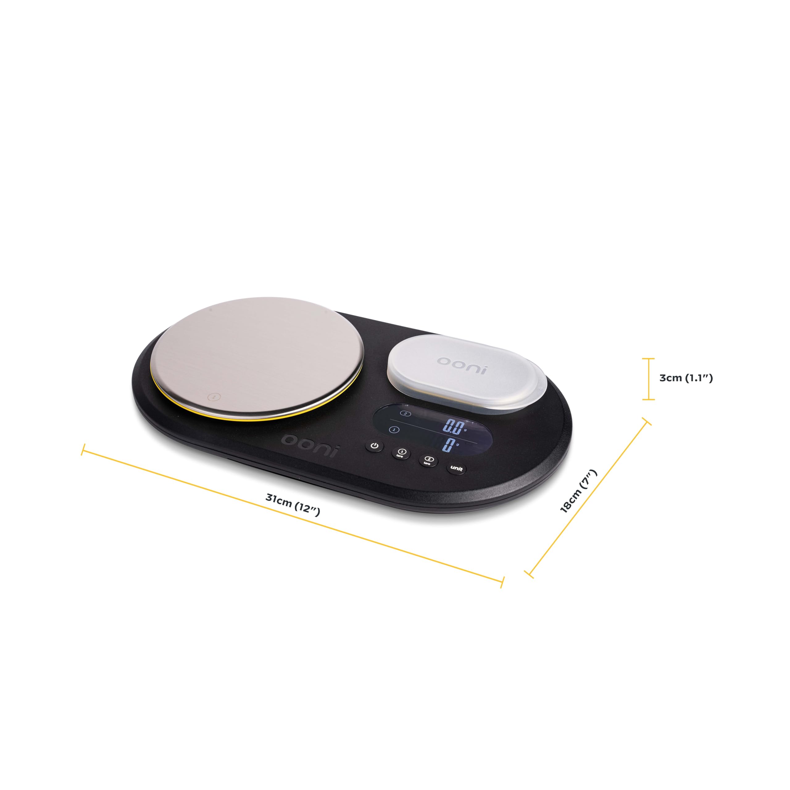 Ooni scales with dual LCD display for reading two measurements at once.