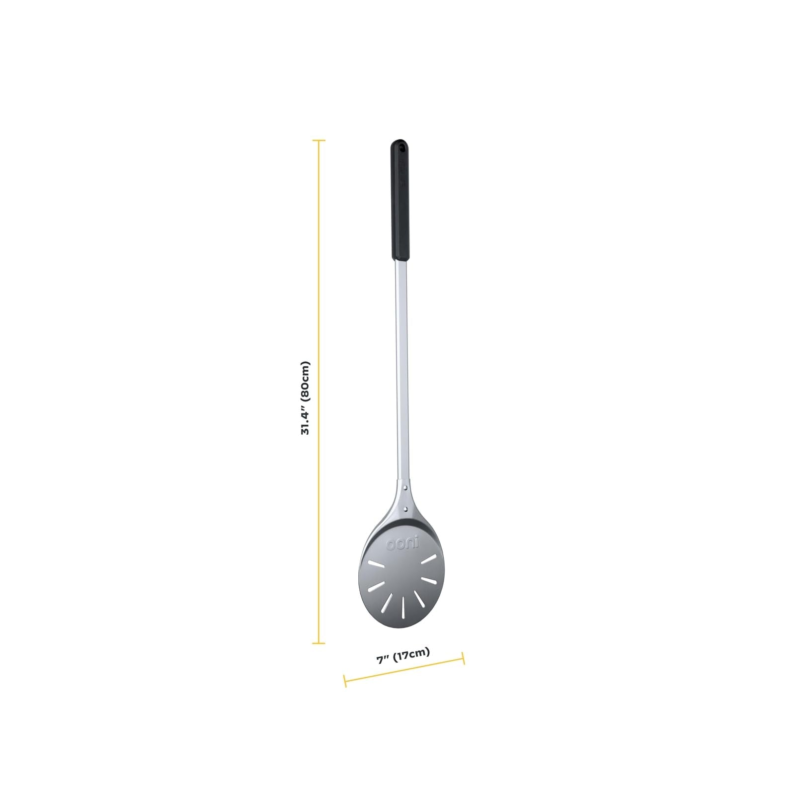 Ooni turning peel long handle keeps hands safely away from high heat while turning pizzas.