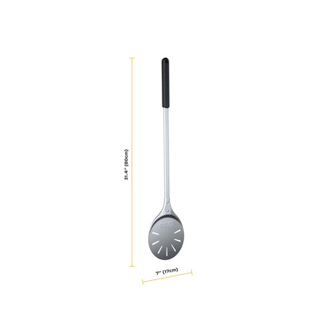 Ooni turning peel long handle keeps hands safely away from high heat while turning pizzas.