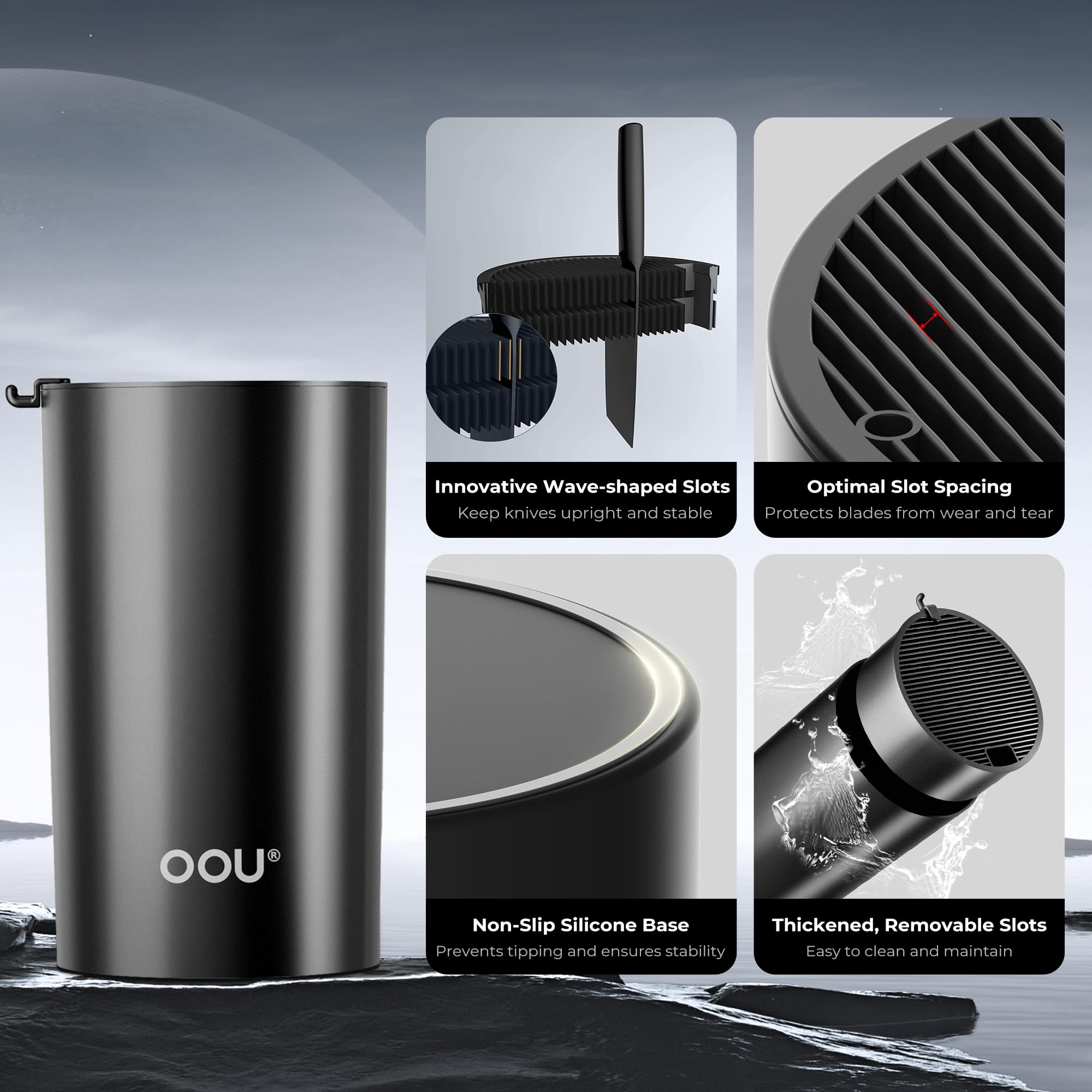 OOU round kitchen knife storage keeps blades upright and protected.
