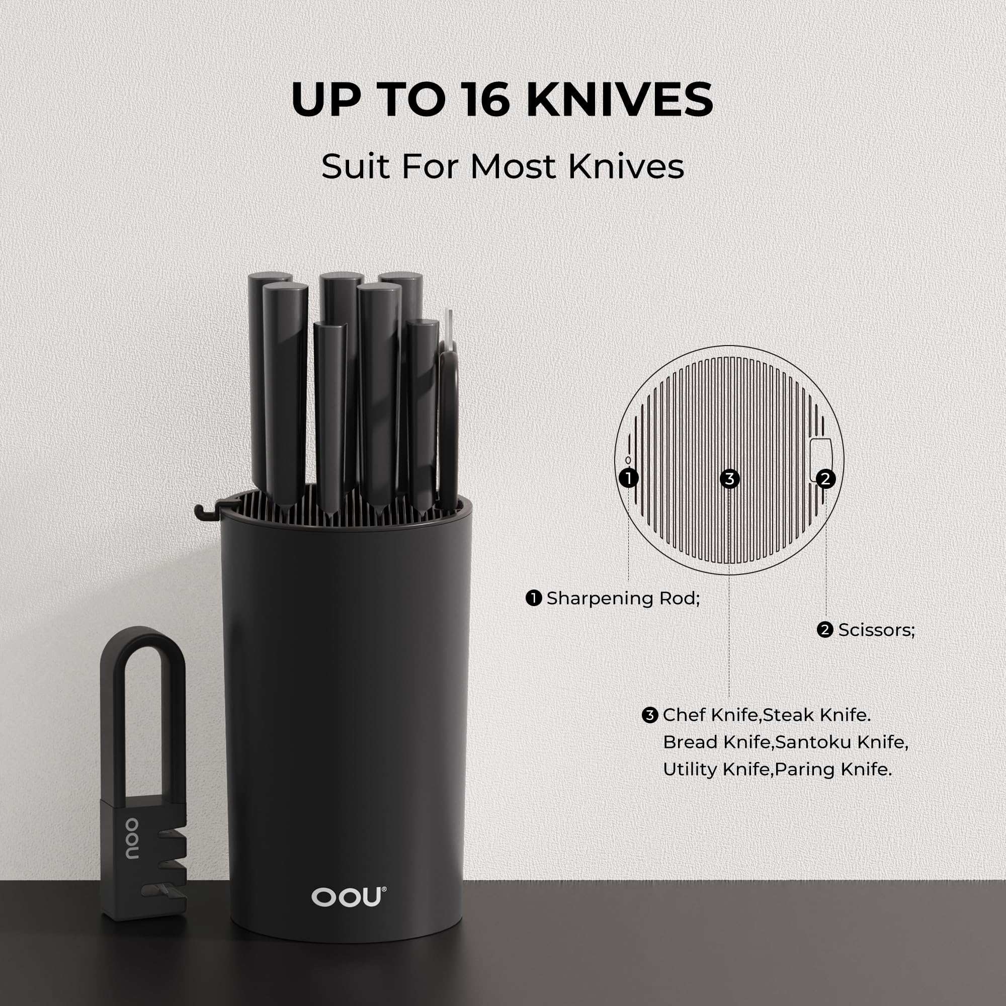 OOU knife holder with removable top and drainage for easy cleaning.