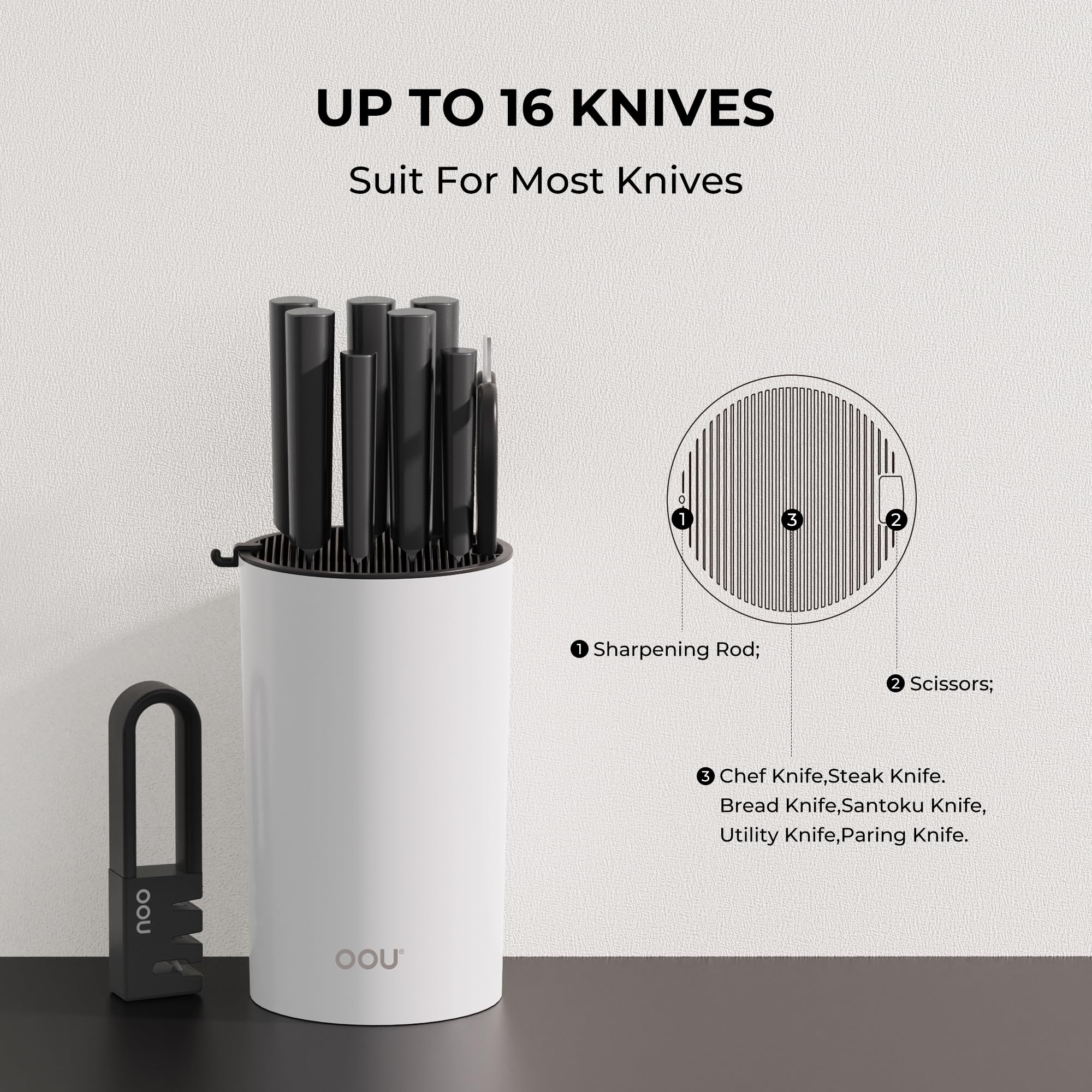 Removable top with drainage on the OOU knife block for easy cleaning.