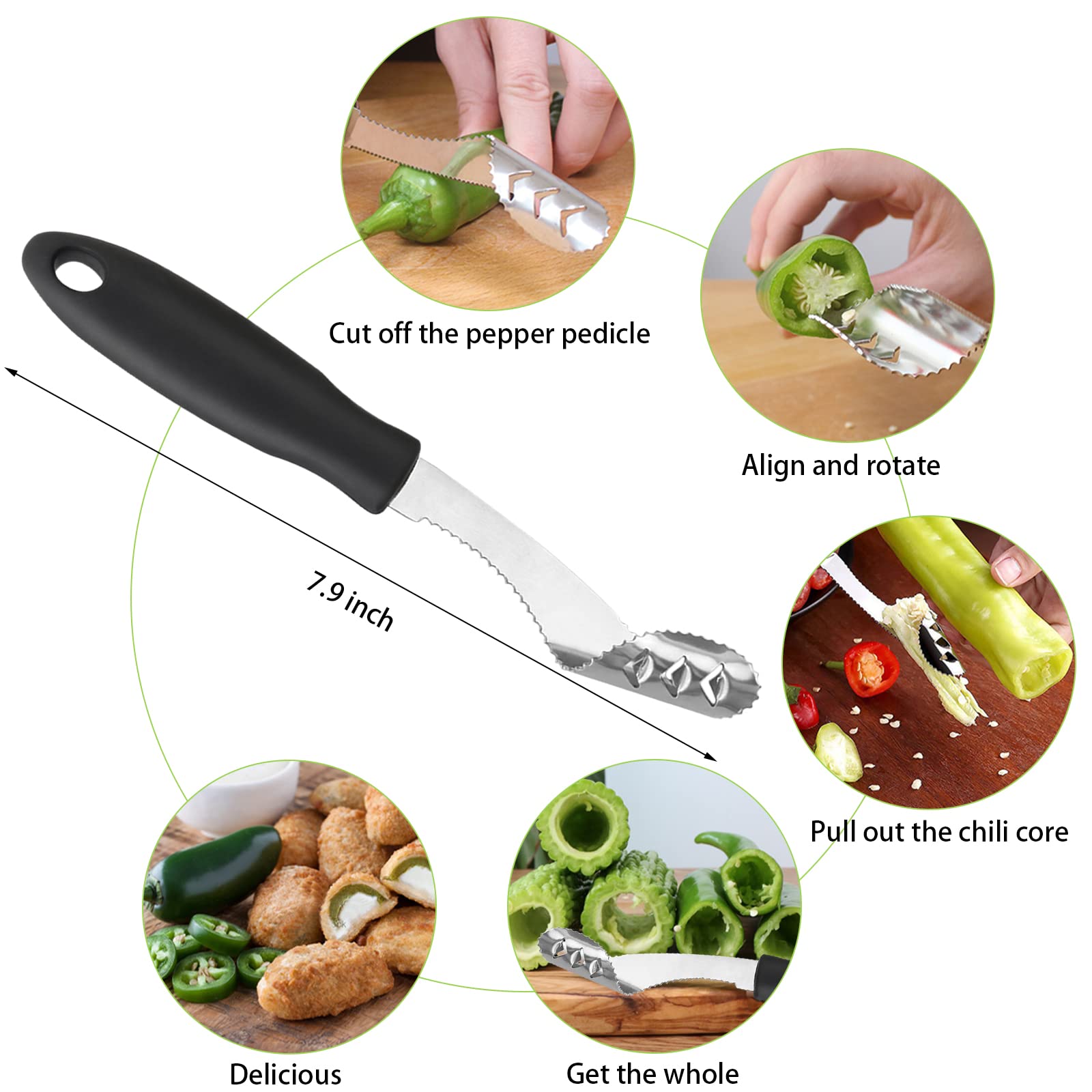 Openfly jalapeno pepper corer with serrated spiral blade for seed removal