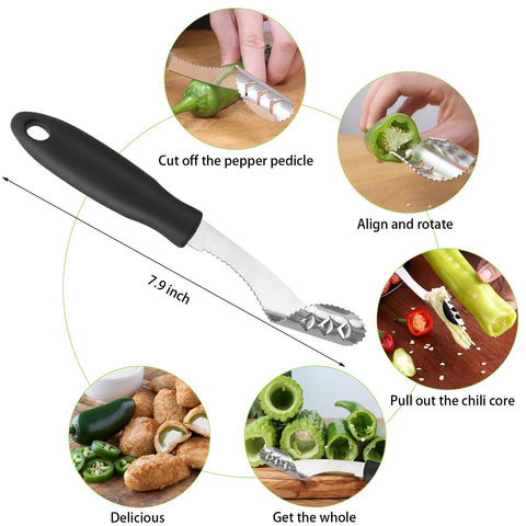 Openfly jalapeno pepper corer with serrated spiral blade for seed removal