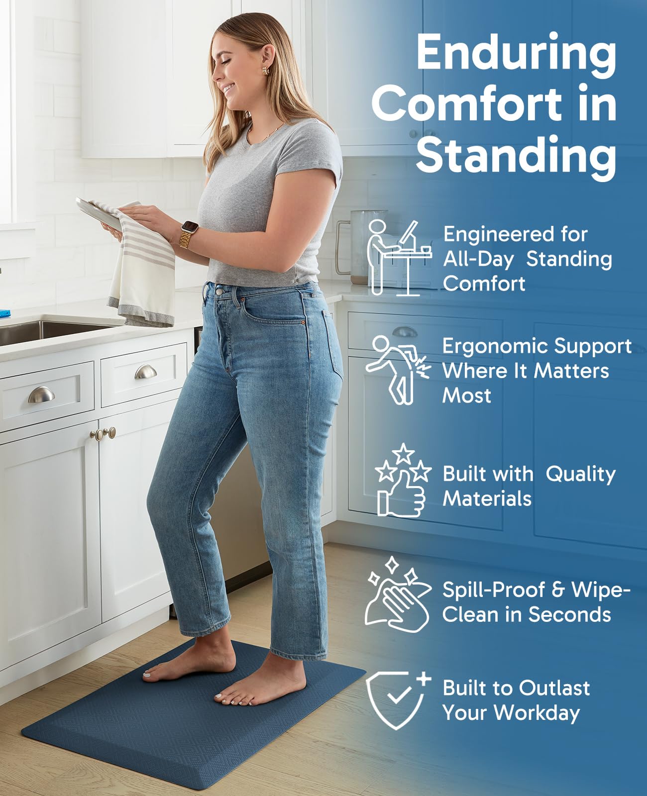 Ophanie kitchen mat beveled-edge design improves safety around counters.