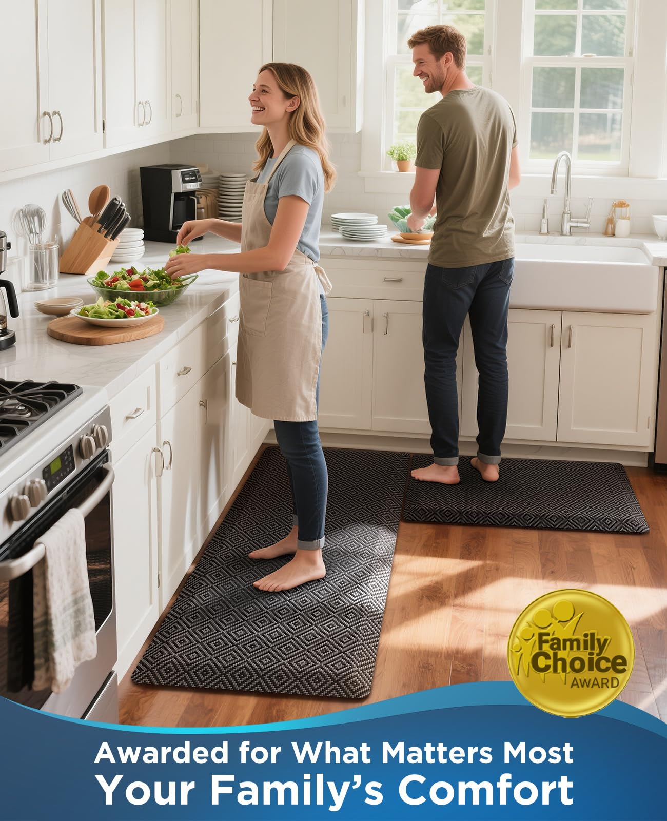 Ophanie kitchen mat flat-packed delivery image highlights easy setup.