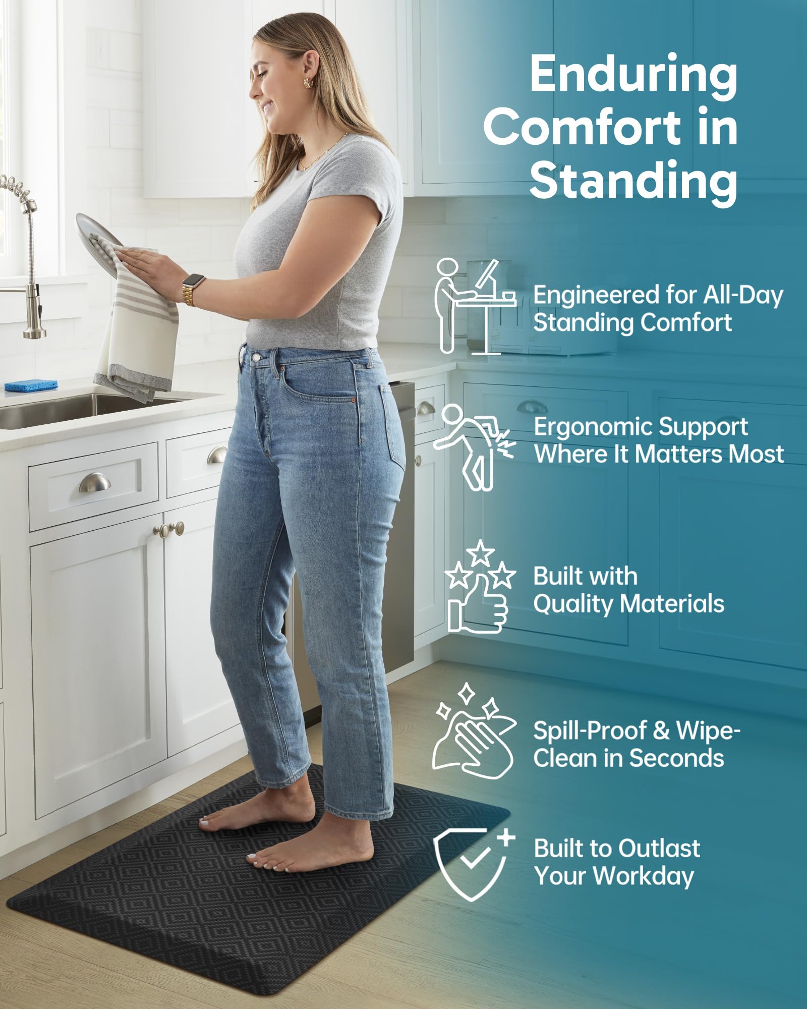 Ophanie kitchen mat non-slip back demonstrates secure footing on dry floors.