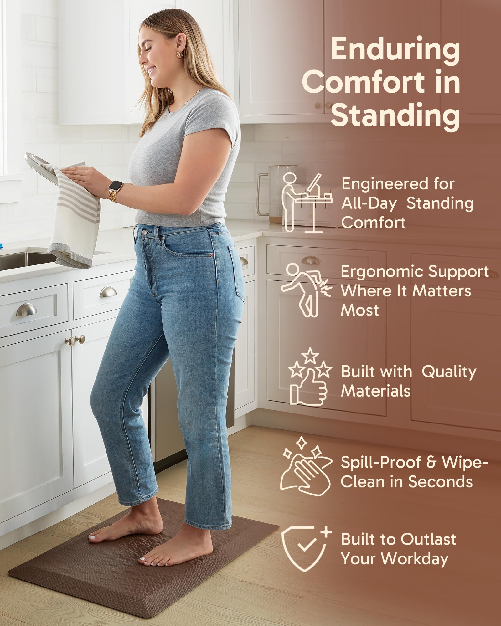 Ophanie kitchen mat with non-slip bottom for secure standing.