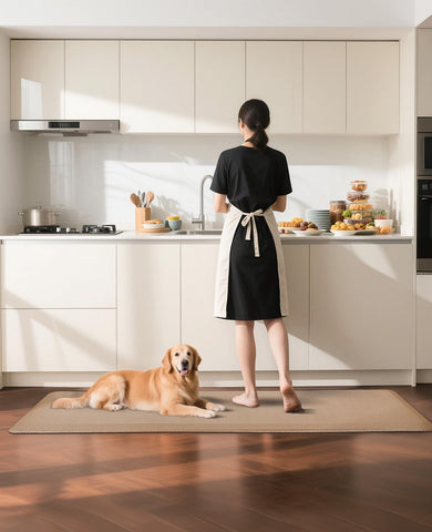 Ophanie kitchen mat ships roll-packed for easy handling.