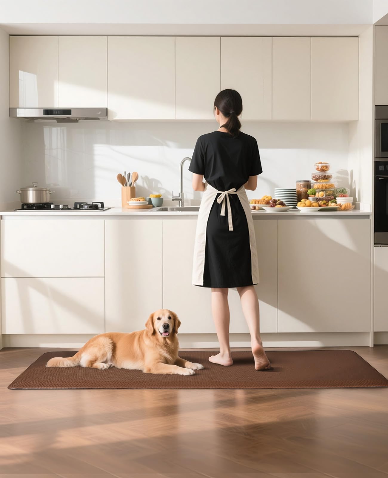Ophanie kitchen mat slip-resistant back keeps the mat in place on dry floors.