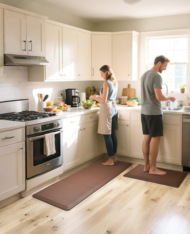 Ophanie kitchen mat waterproof surface protects floors from spills.
