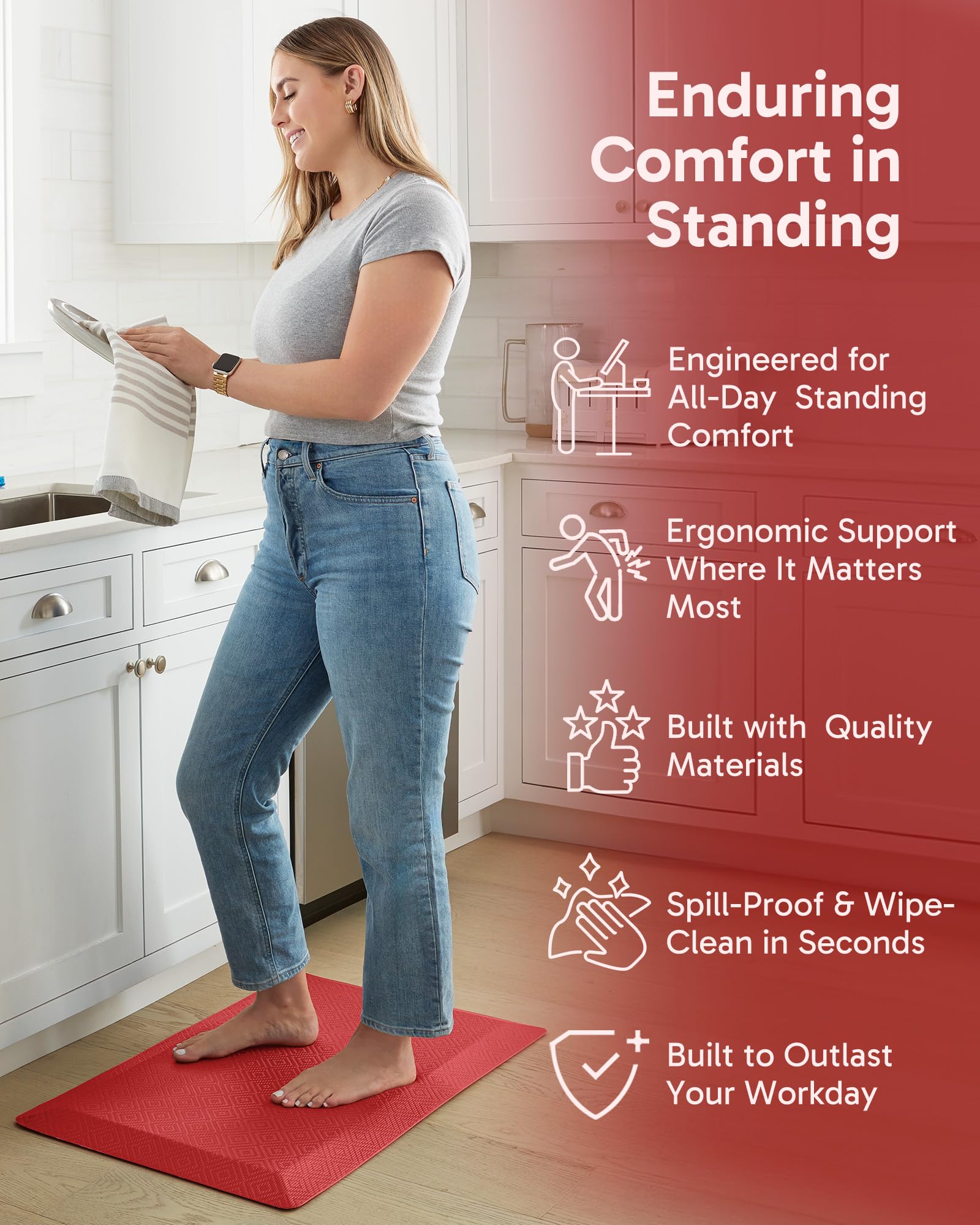 Ophanie kitchen mat waterproof surface repels spills during cooking and cleaning.