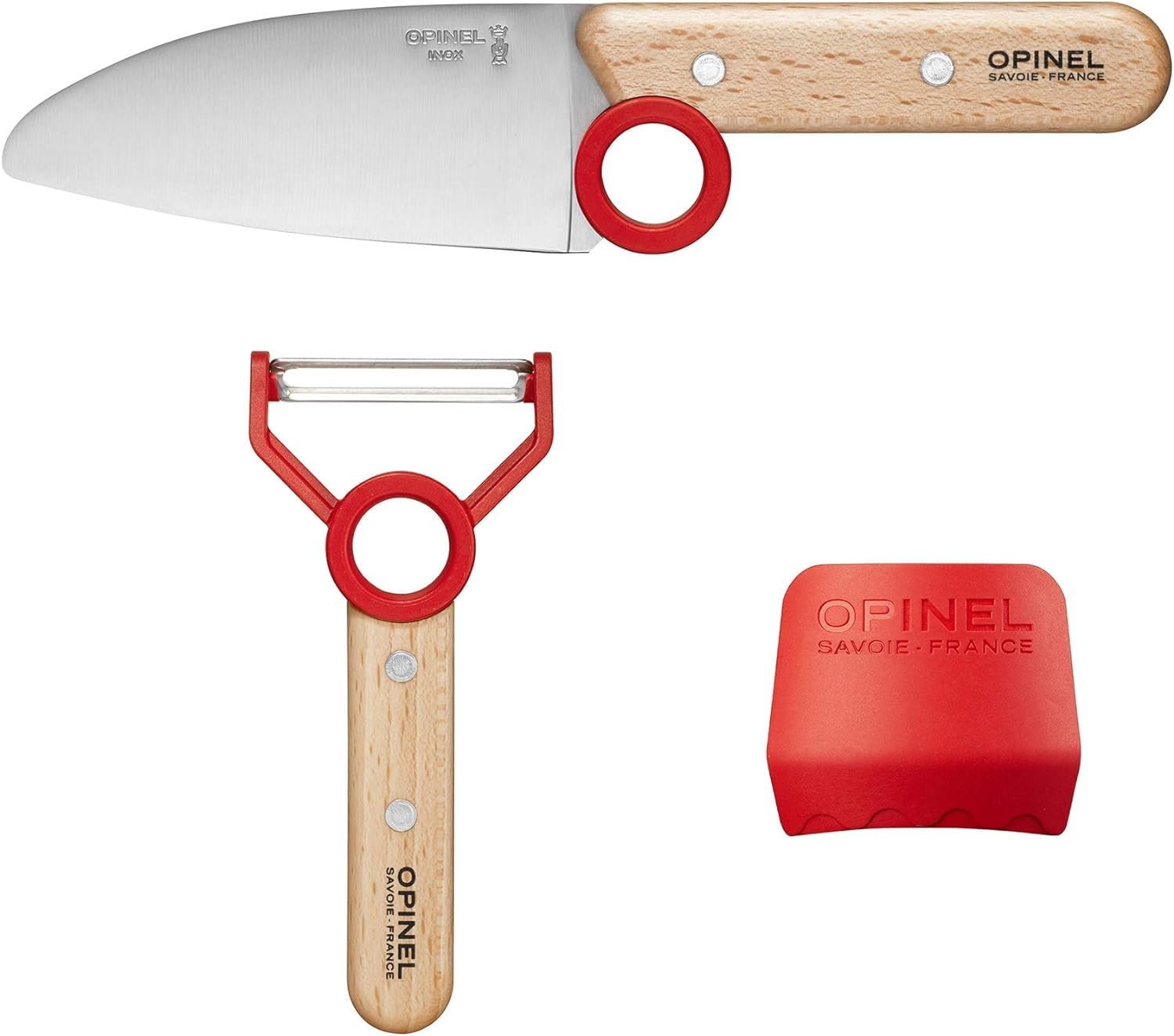 Opinel Le Petit Chef beechwood handle close-up highlights sustainable materials.