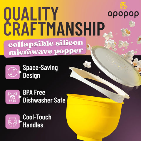 Opopop microwave popcorn maker showcases compact design saving kitchen space.