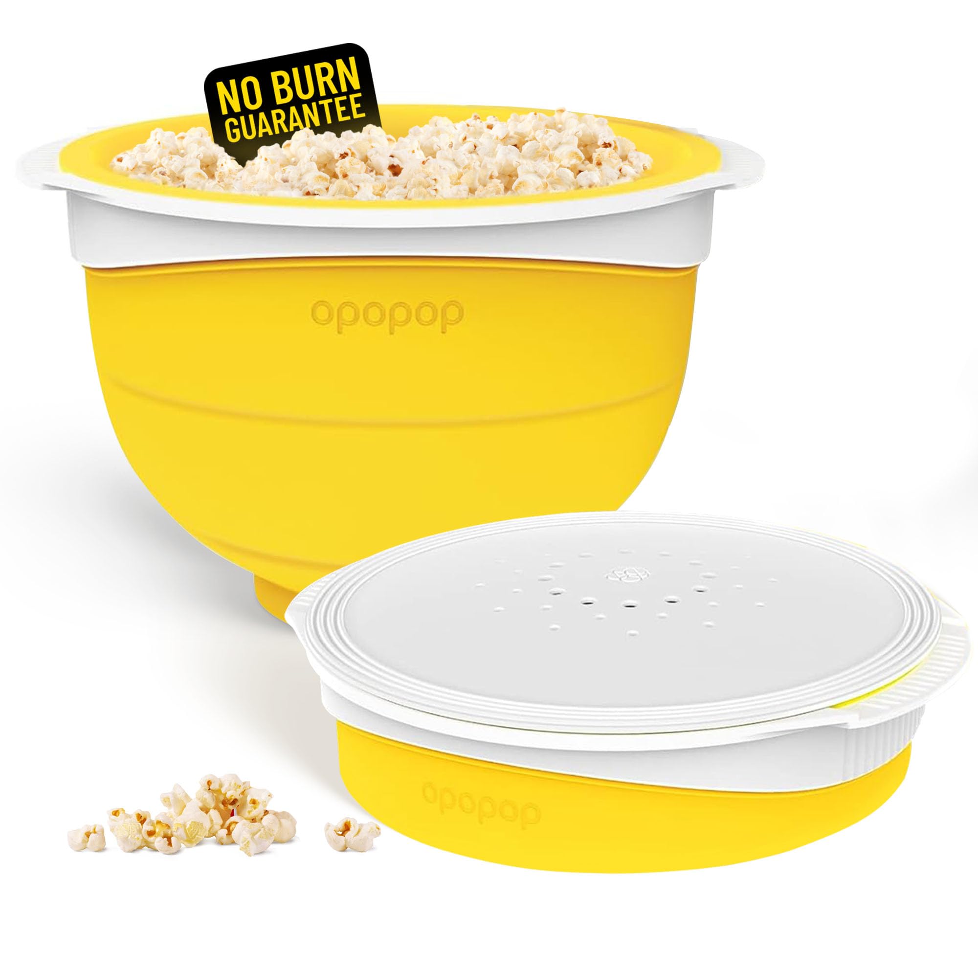 Opopop silicone popcorn popper in collapsible bowl mode for quick, mess-free popping.