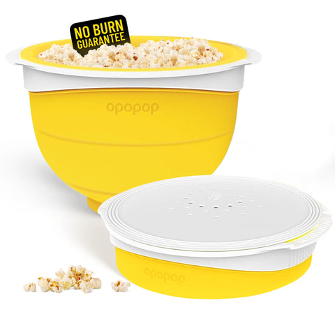 Opopop silicone popcorn popper in collapsible bowl mode for quick, mess-free popping.