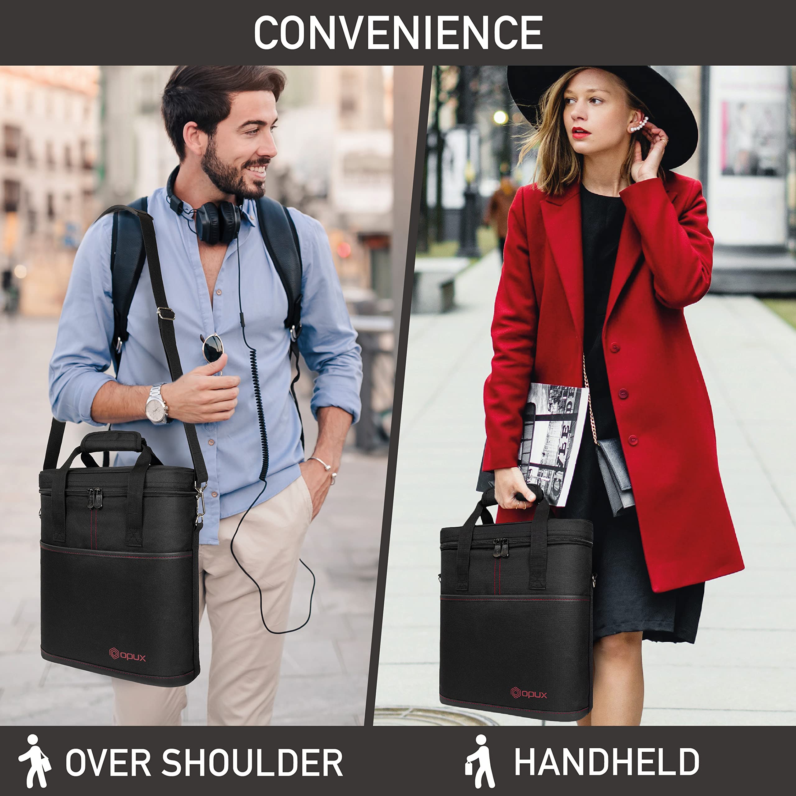 OPUX wine carrier's 600D polyester construction with PU leather trim blends durability and style.