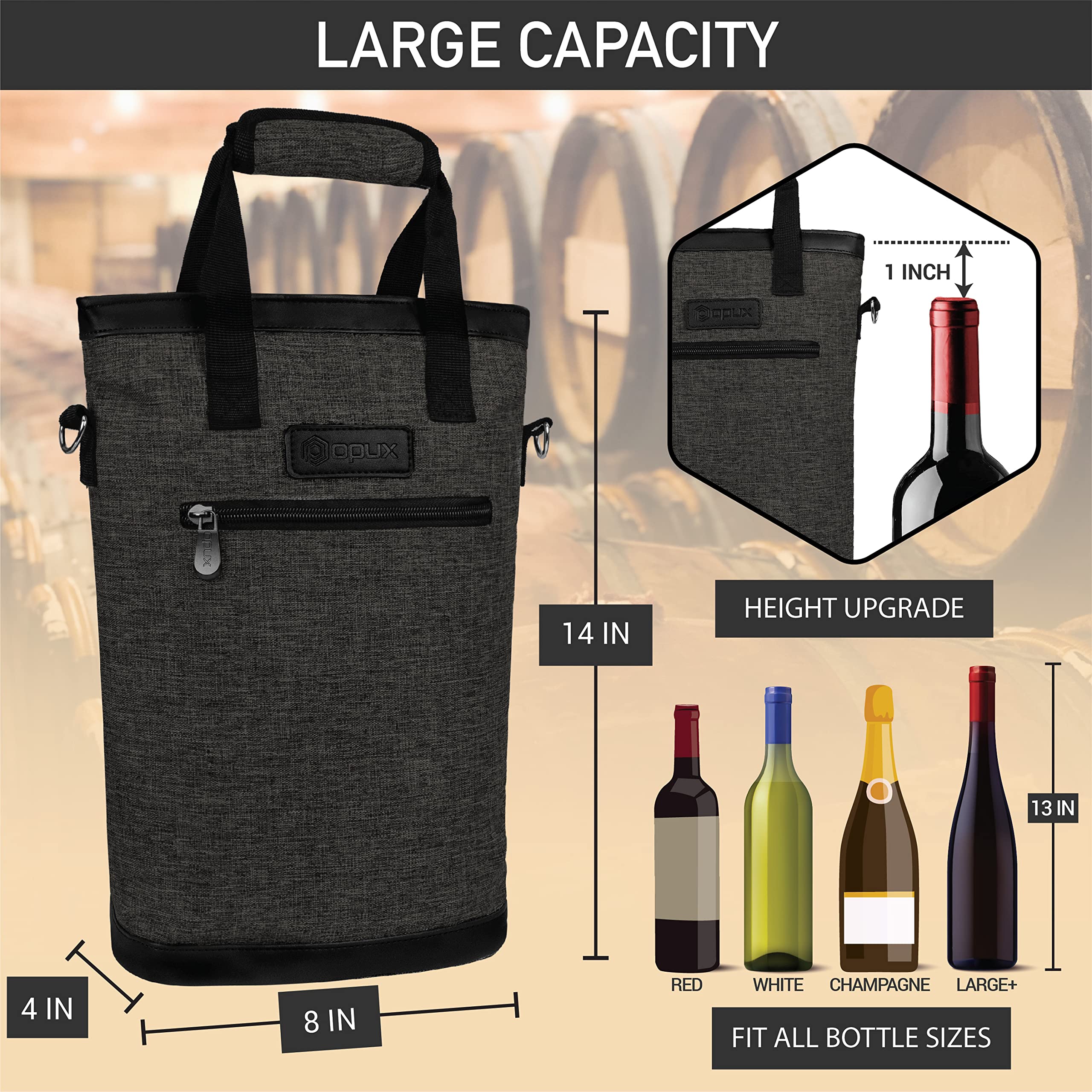 OPUX charcoal-grey wine carrier material showcasing durable 600D polyester and PU trim.