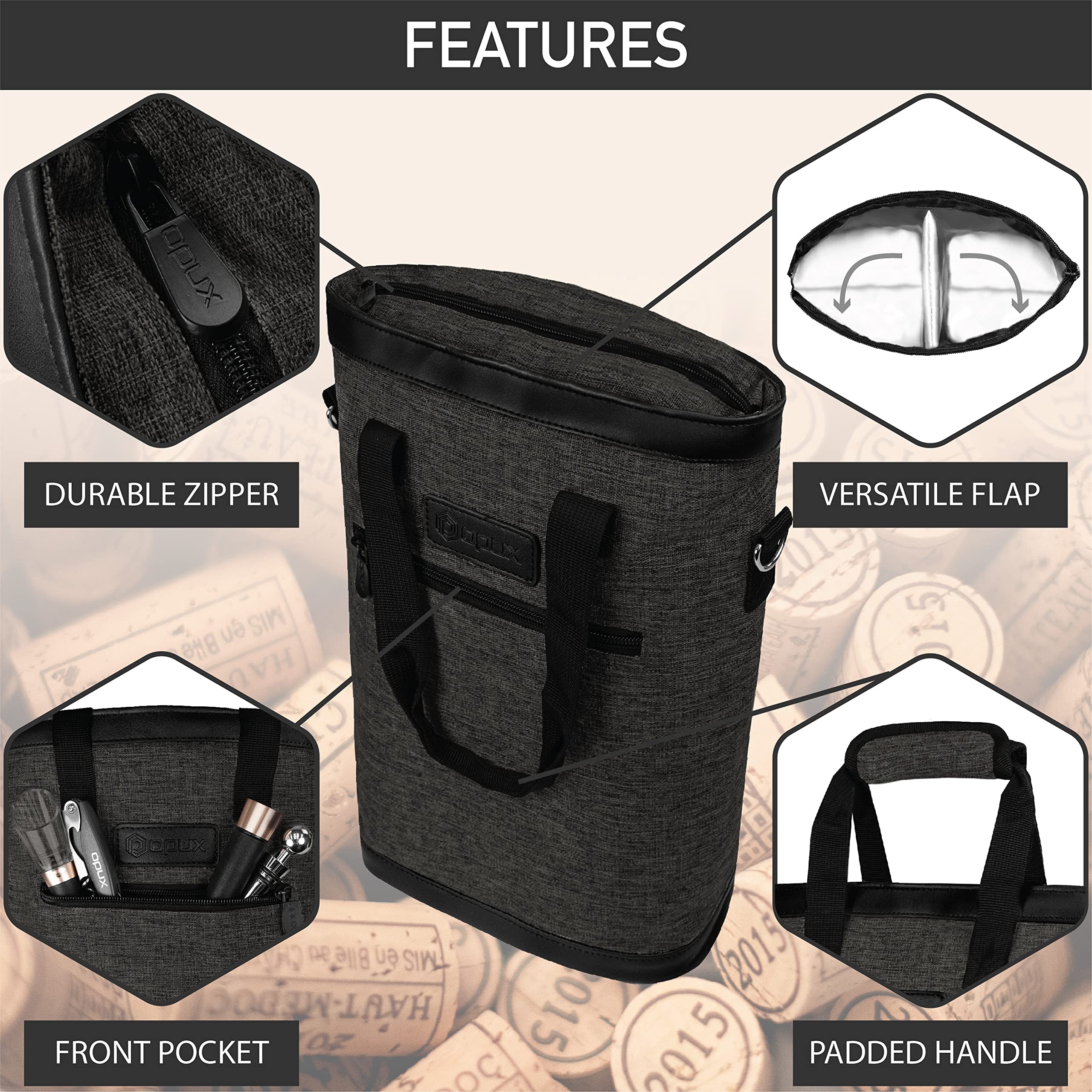 OPUX compact dimensions 8.5 x 4 x 14 inches fit standard 750ml bottles.