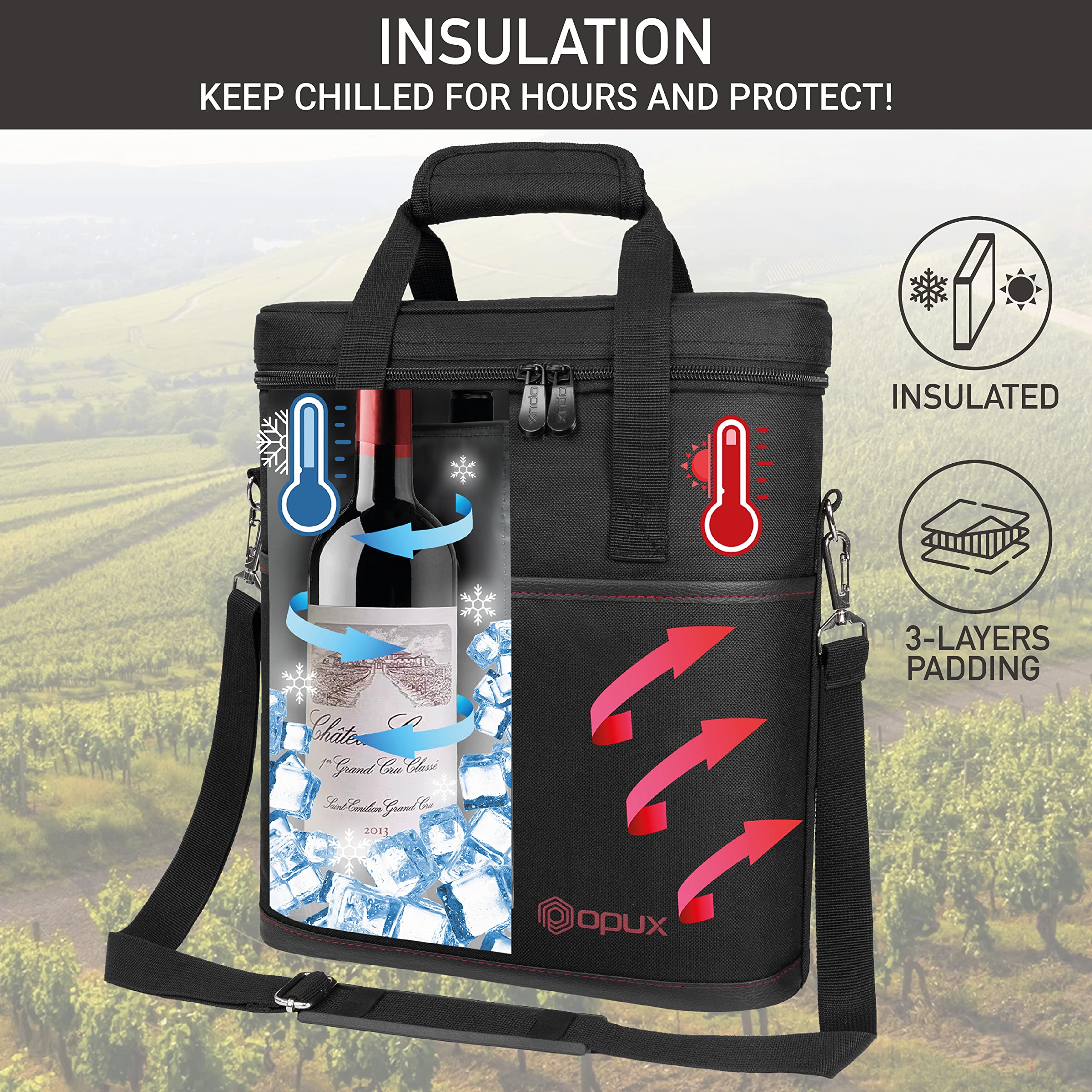 OPUX insulated wine cooler bag keeps drinks at ideal temp during picnics.
