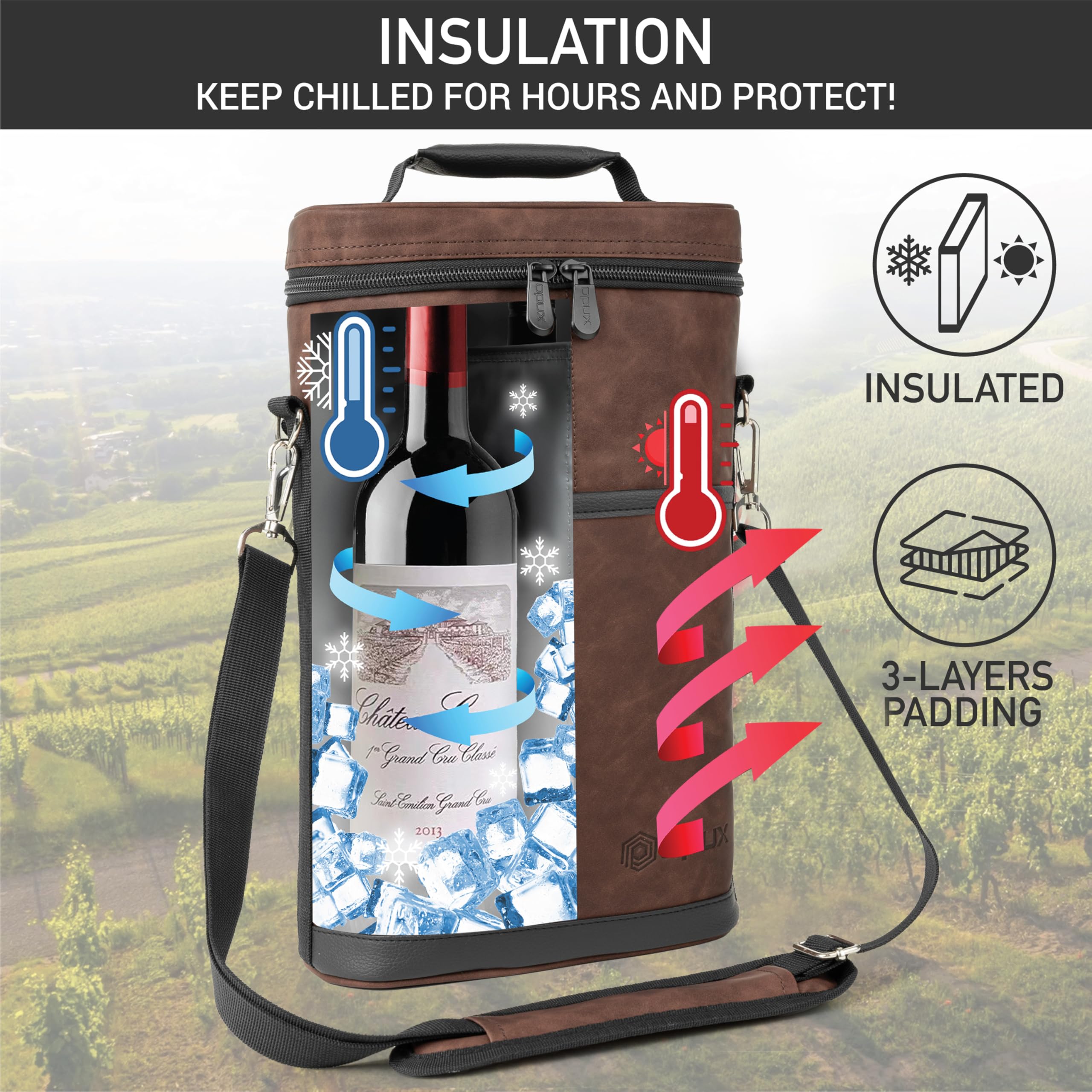 OPUX insulated leakproof wine cooler bag keeps bottles cool on BYOB dinners.