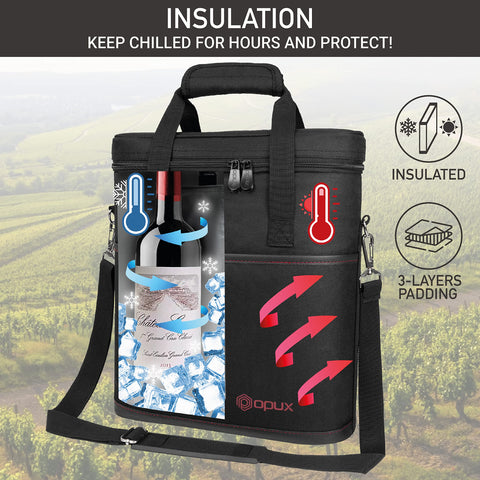 OPUX insulated wine cooler bag keeps drinks at ideal temp during picnics.