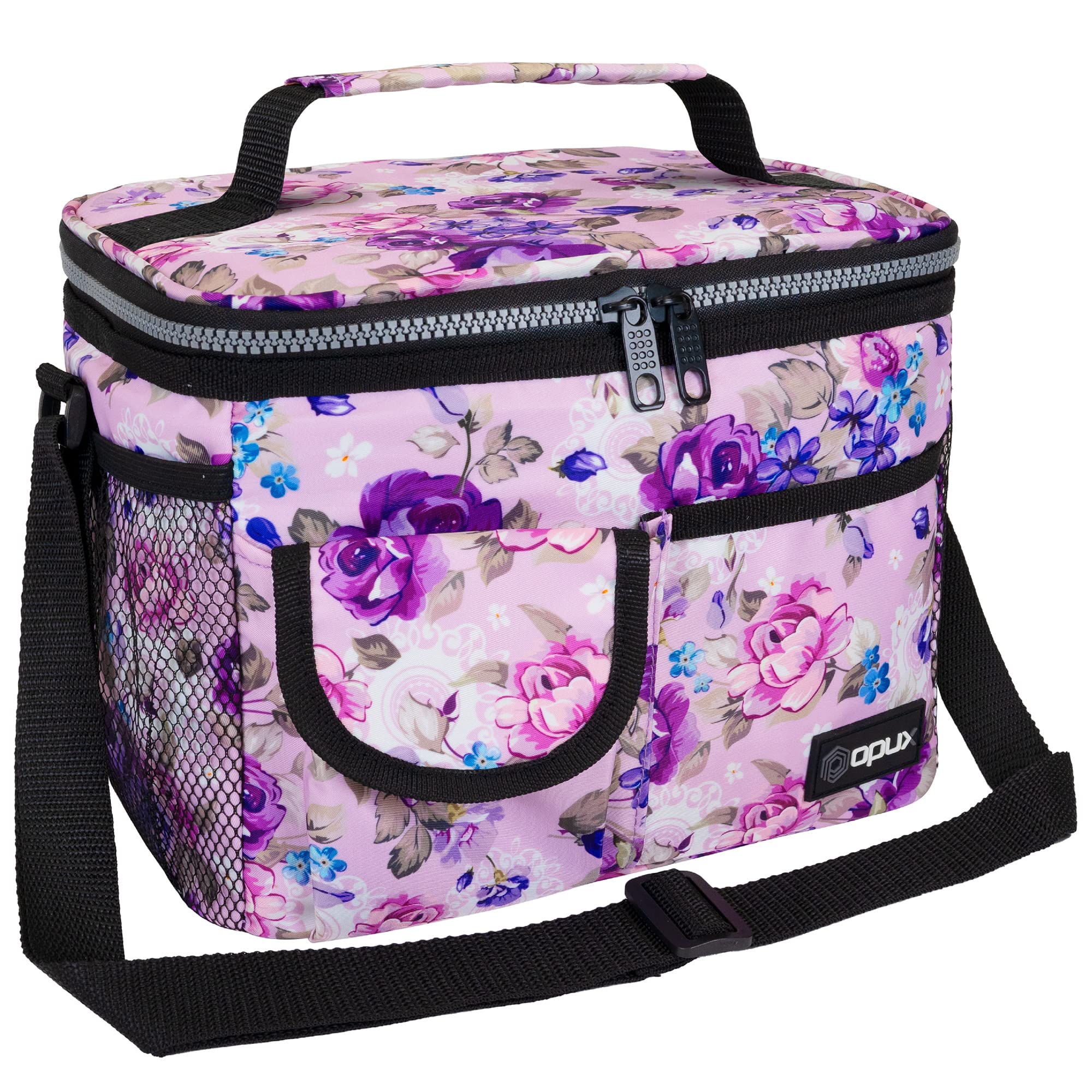 OPUX insulated lunch bag floral purple front view with leakproof design for work and school