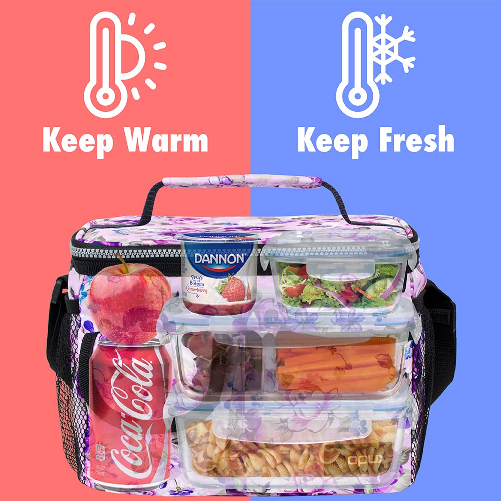 OPUX insulated lunch bag floral purple open compartment showing space for meals and containers