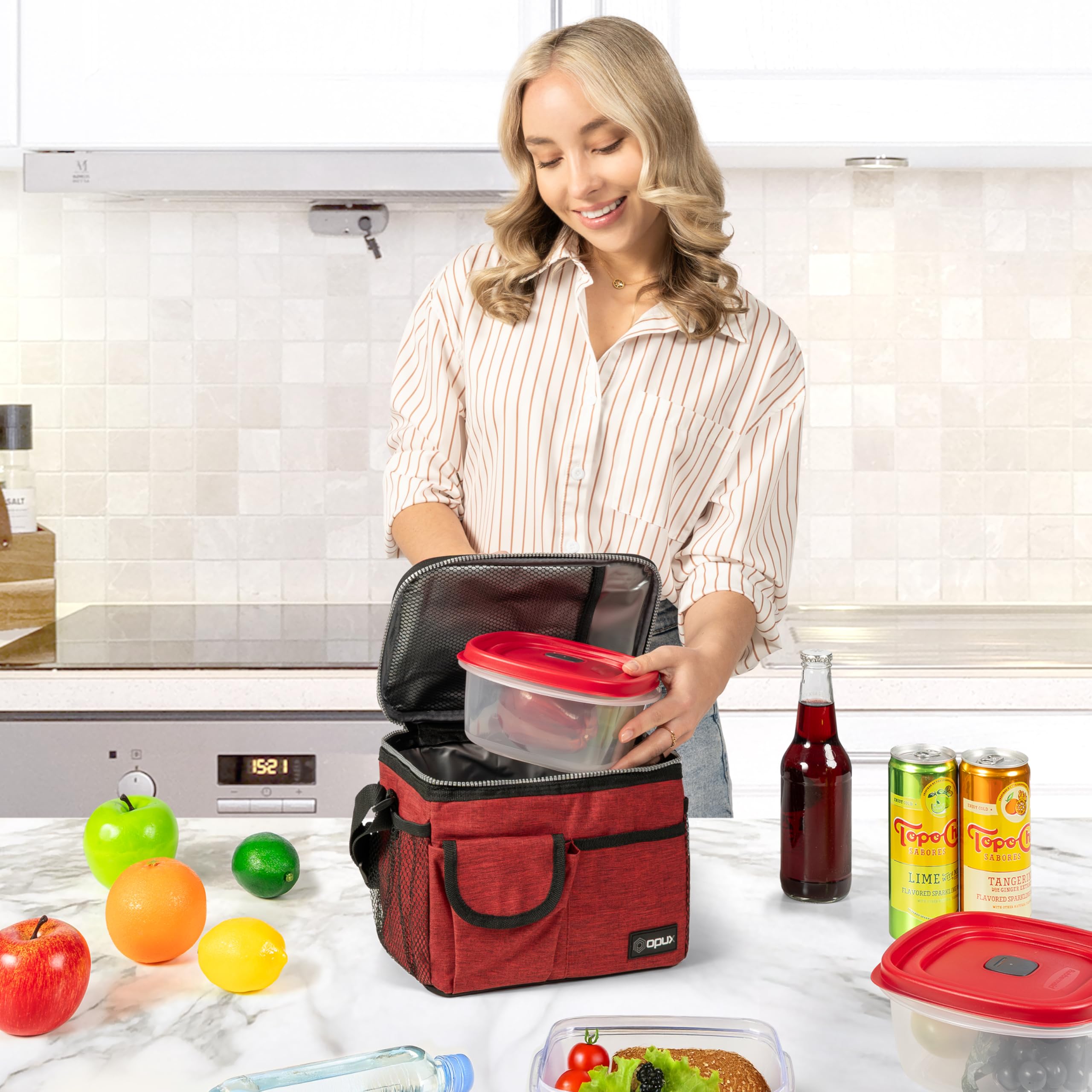 OPUX side bottle holder and front pocket keep utensils and napkins organized.