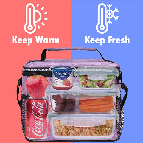 opux insulated lunch bag purple side view with adjustable strap for easy carrying.