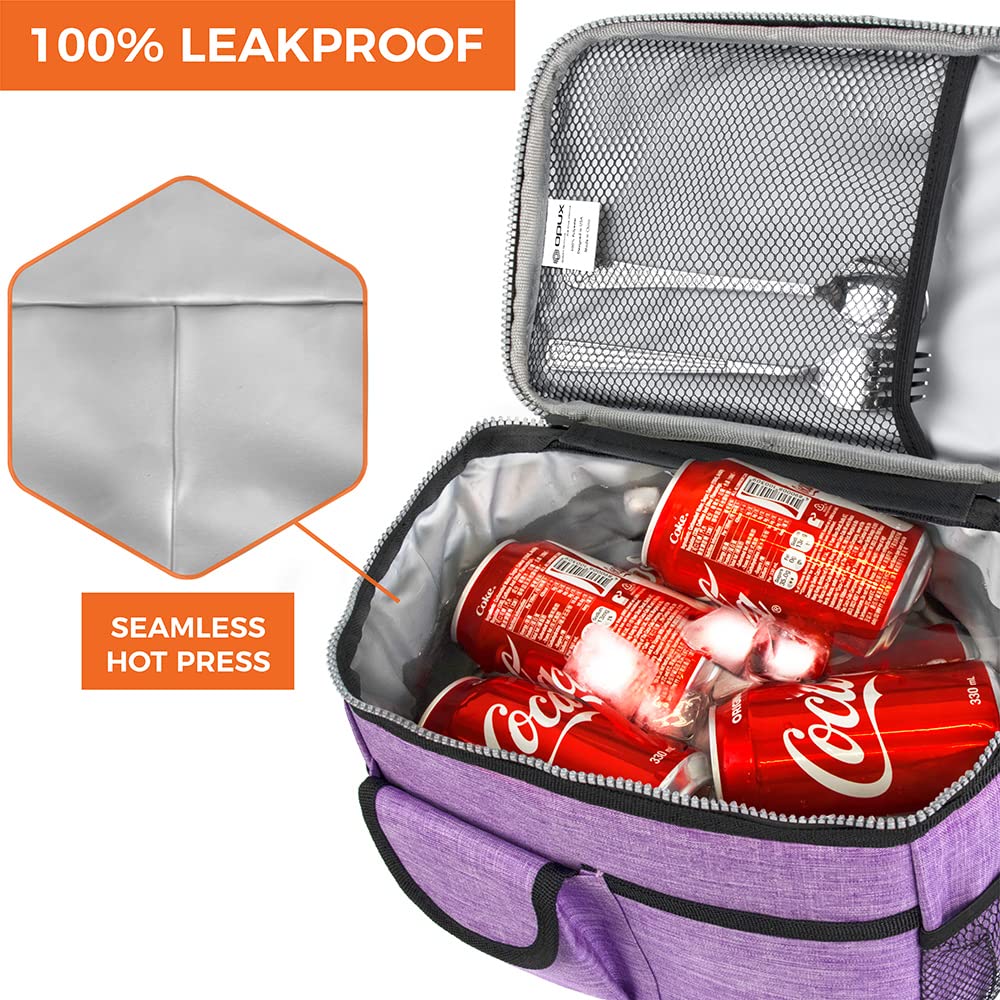 opux insulated lunch bag purple front pocket organized for utensils and napkins.