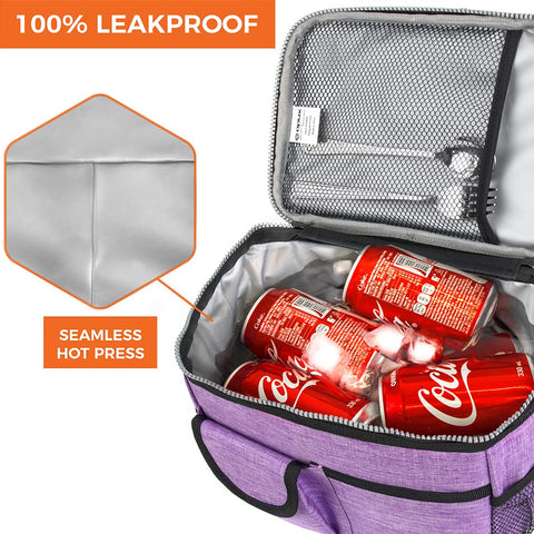 opux insulated lunch bag purple front pocket organized for utensils and napkins.