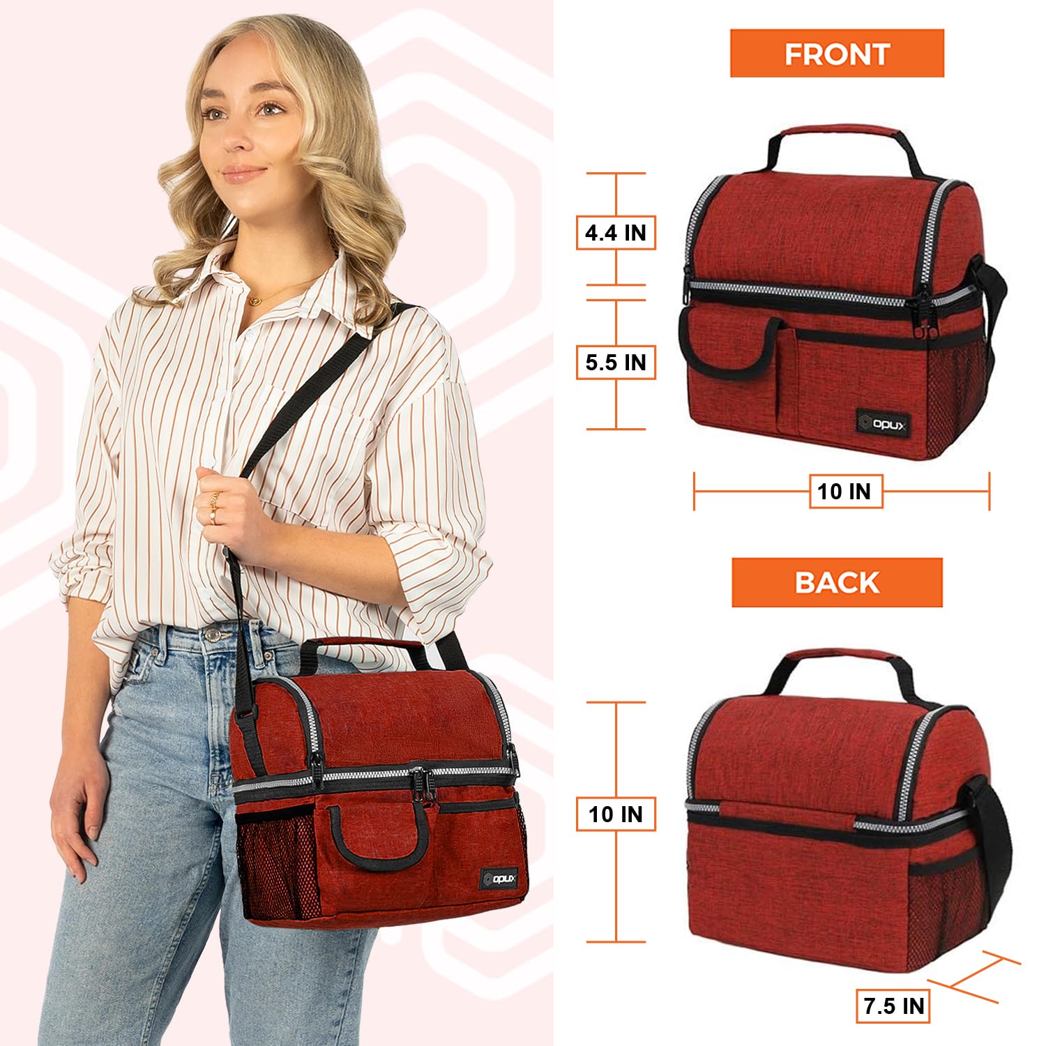 Opux lunch bag side mesh pocket stores water bottle or snacks