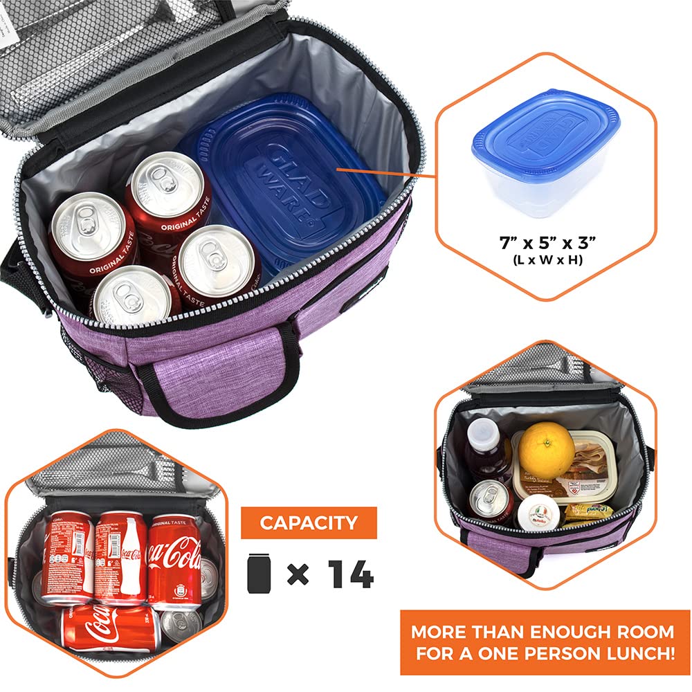 opux insulated lunch bag purple interior close-up shows thick foam insulation.