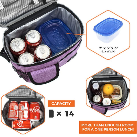 opux insulated lunch bag purple interior close-up shows thick foam insulation.