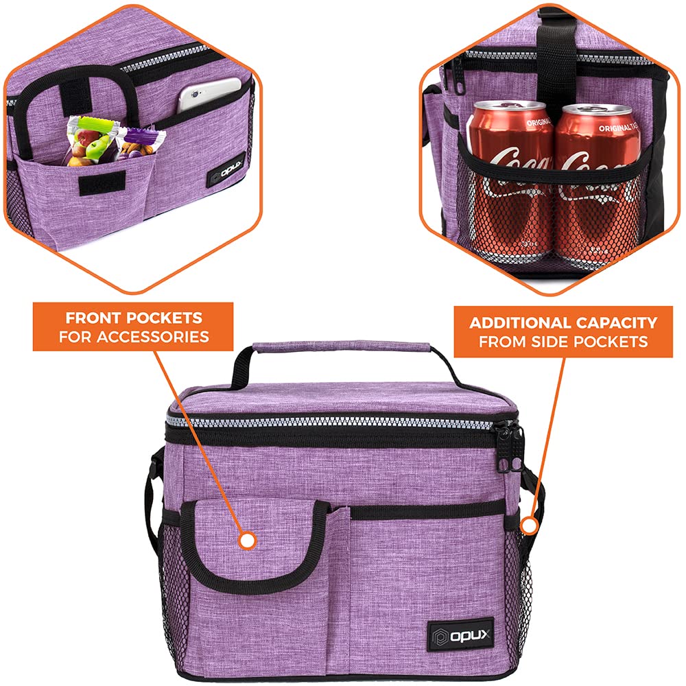opux insulated lunch bag purple with strap for versatile transport.