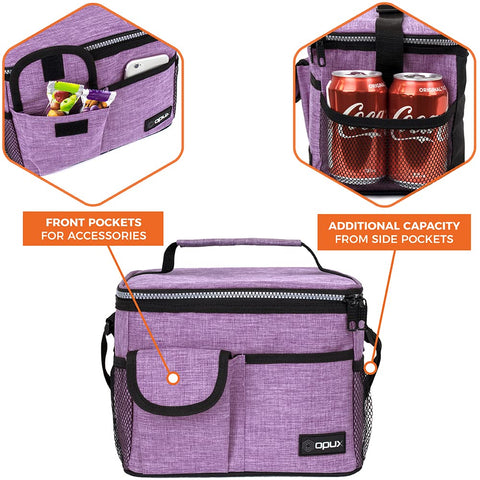 opux insulated lunch bag purple with strap for versatile transport.