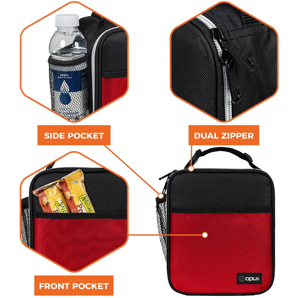 opux premium insulated lunch box red inner mesh pocket, organized compartments