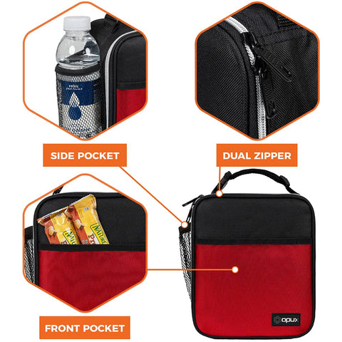 opux premium insulated lunch box red inner mesh pocket, organized compartments