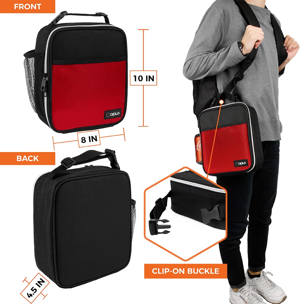 opux premium insulated lunch box red top handle, easy backpack attachment