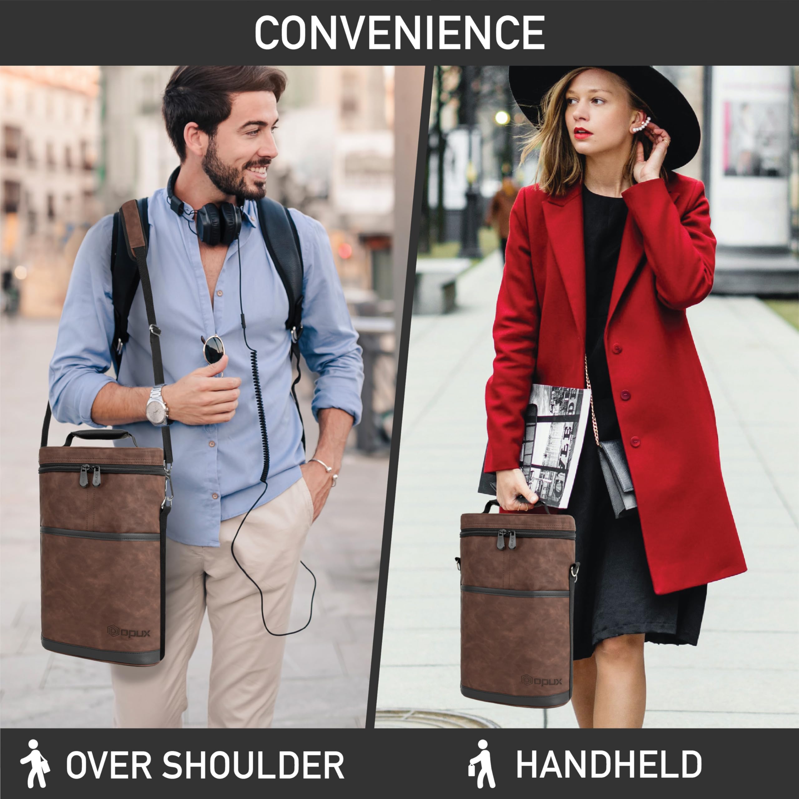 OPUX travel-friendly wine bag with PU leather trim, stylish and durable.