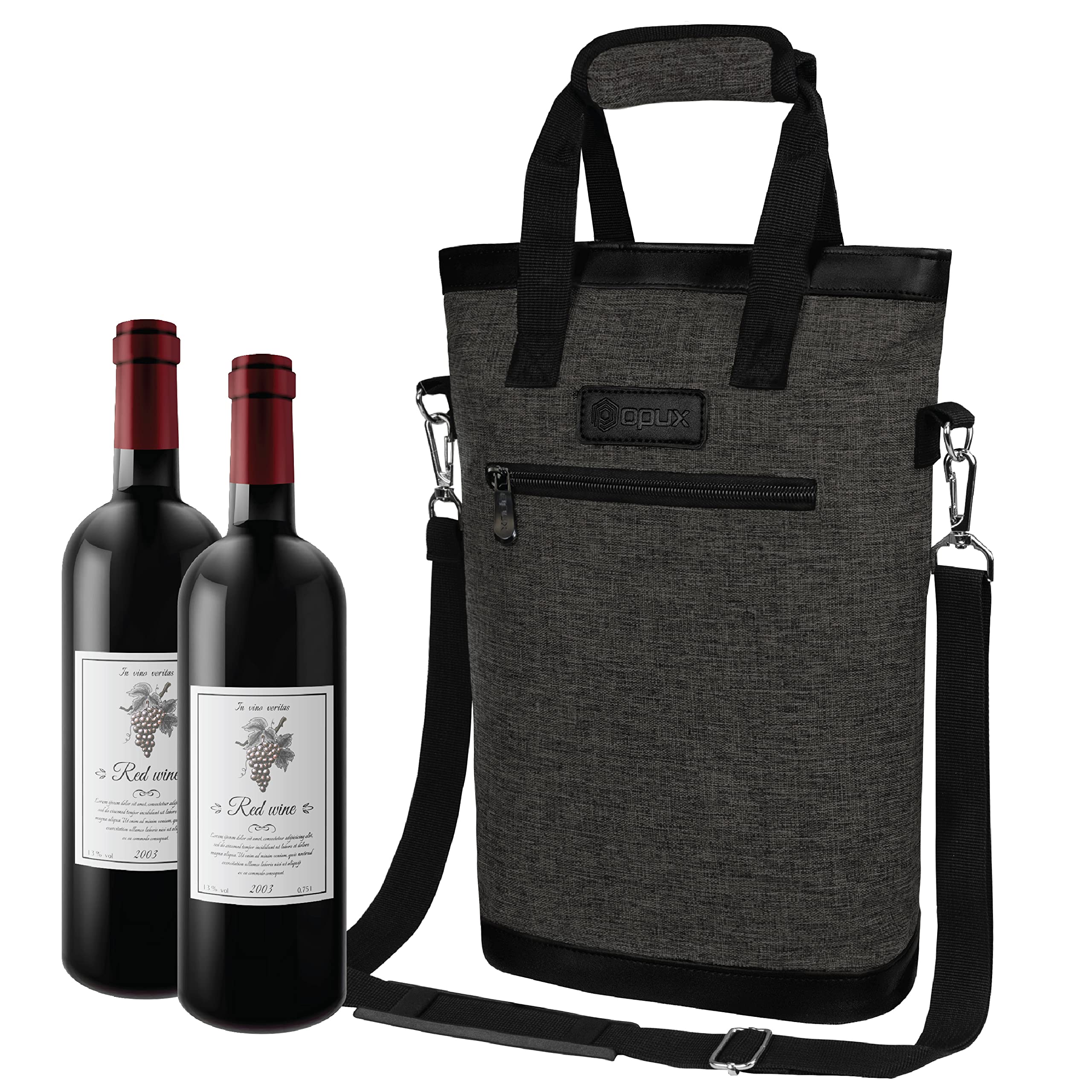 OPUX two-bottle wine tote in side view highlighting dual capacity for travel.