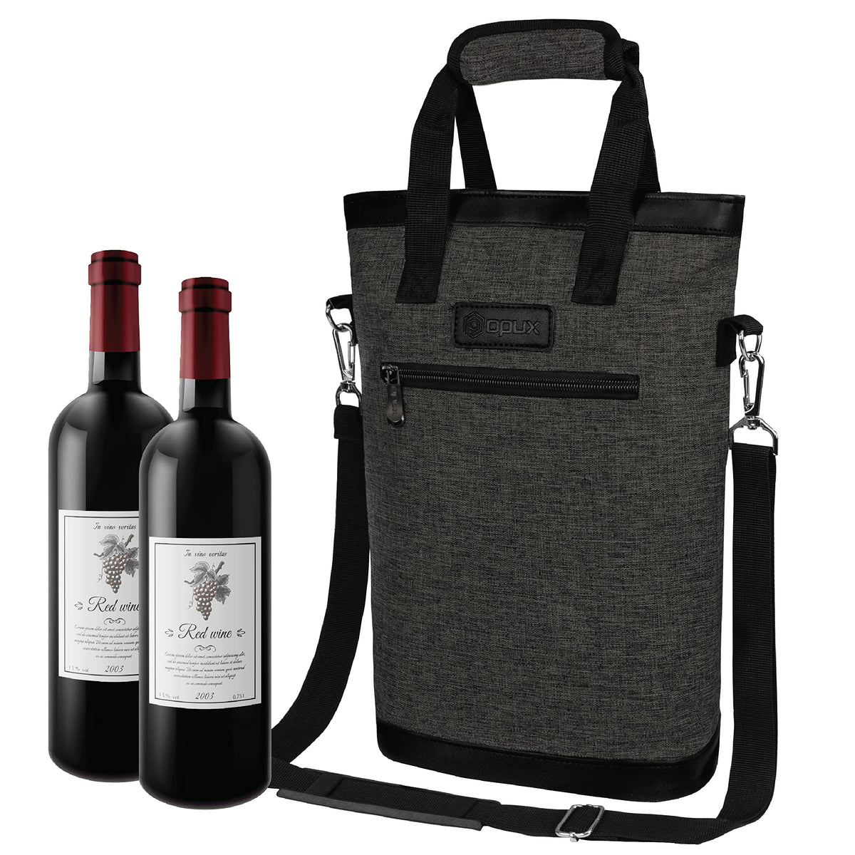 OPUX two-bottle wine tote in side view highlighting dual capacity for travel.