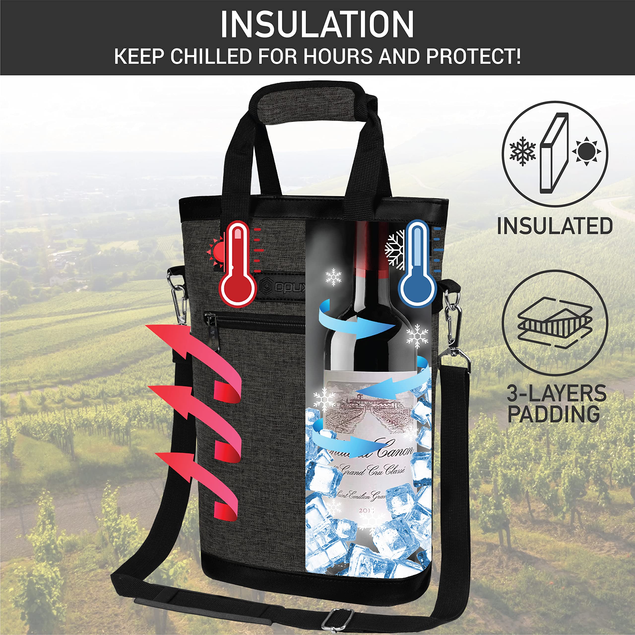 OPUX wine carrier strap with Velcro closure for secure, comfortable carrying.