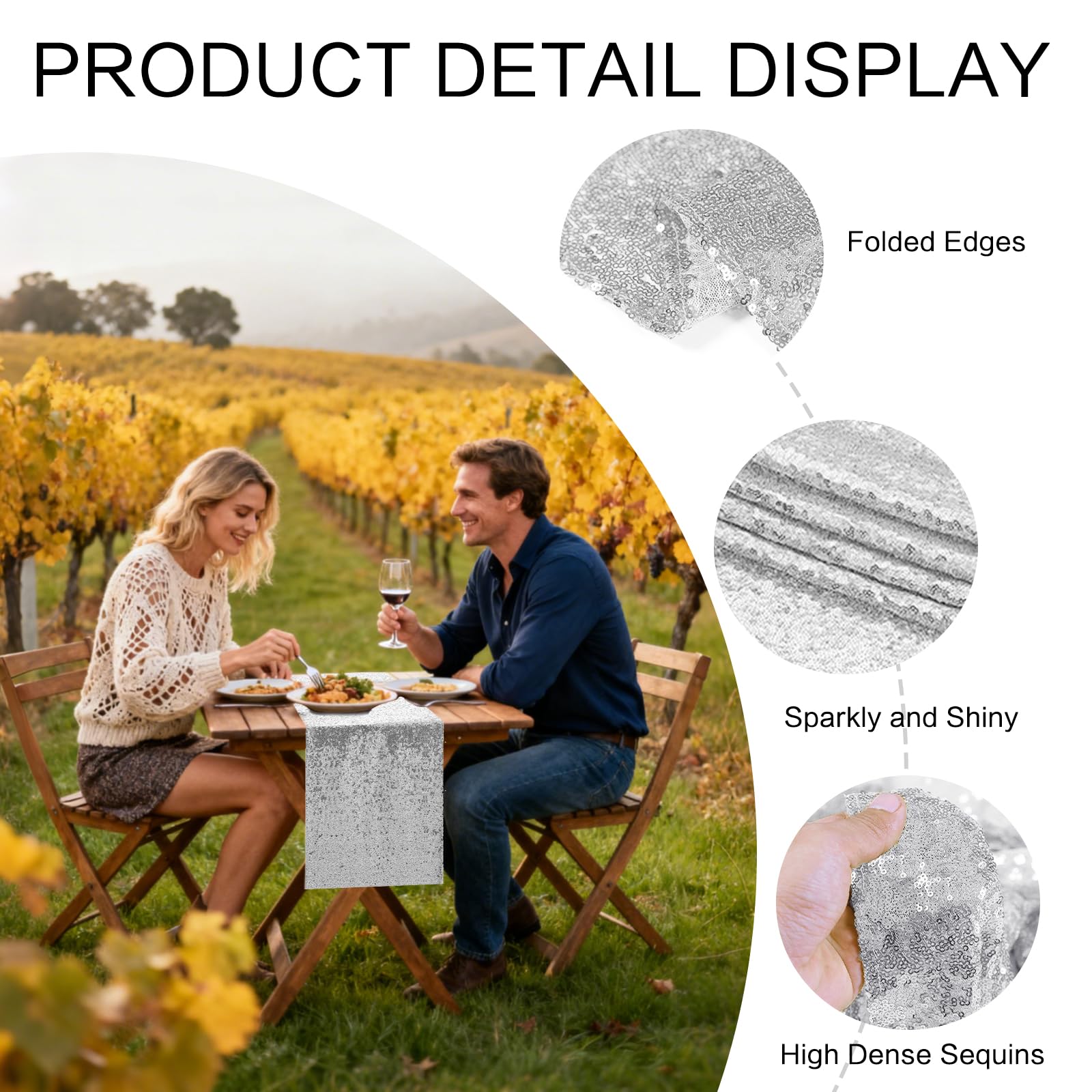 OQSC sequin table runner 72in silver, draped on table, enhances party decor.