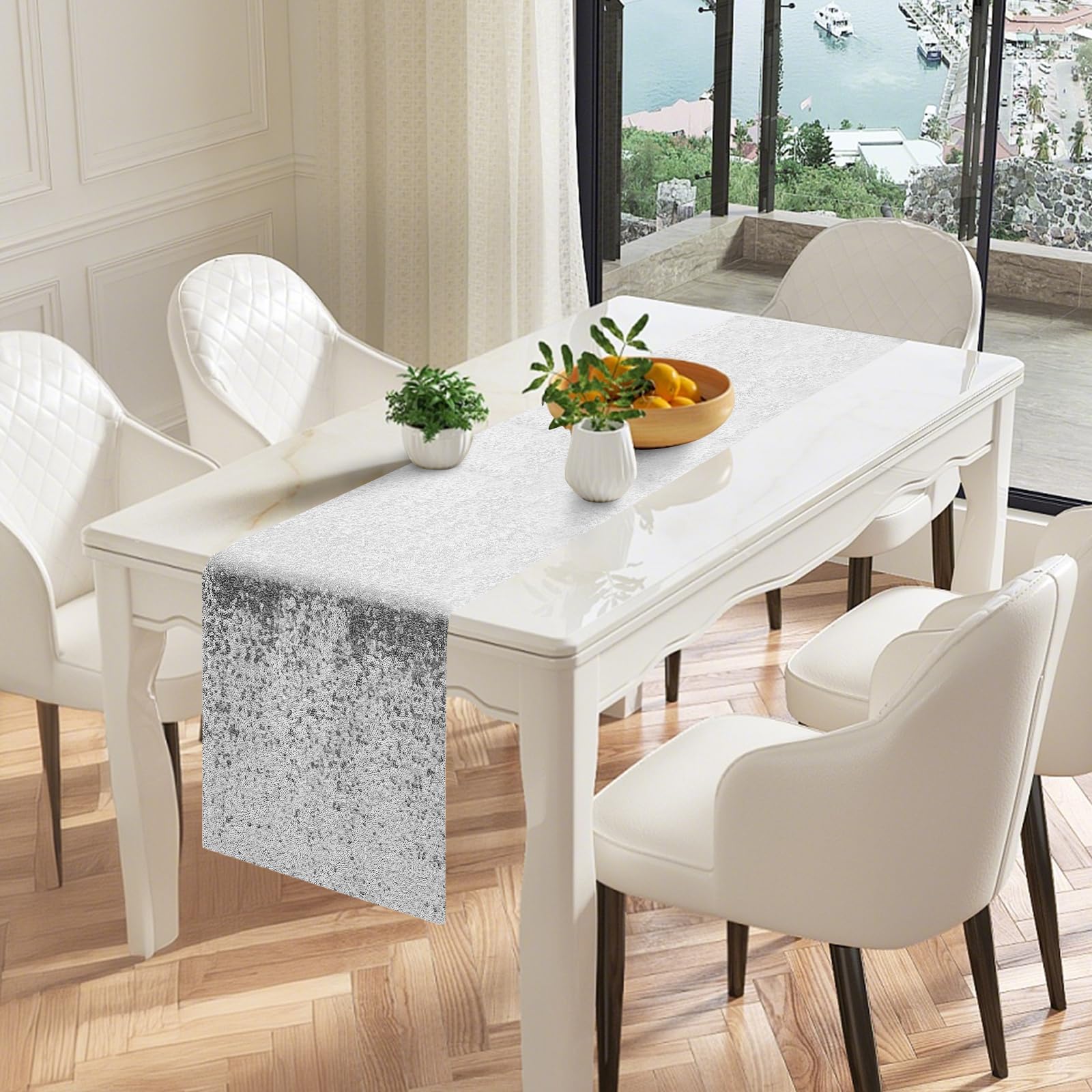 OQSC sequin table runner 72in silver, edge-finish closeup, durable and reusable.